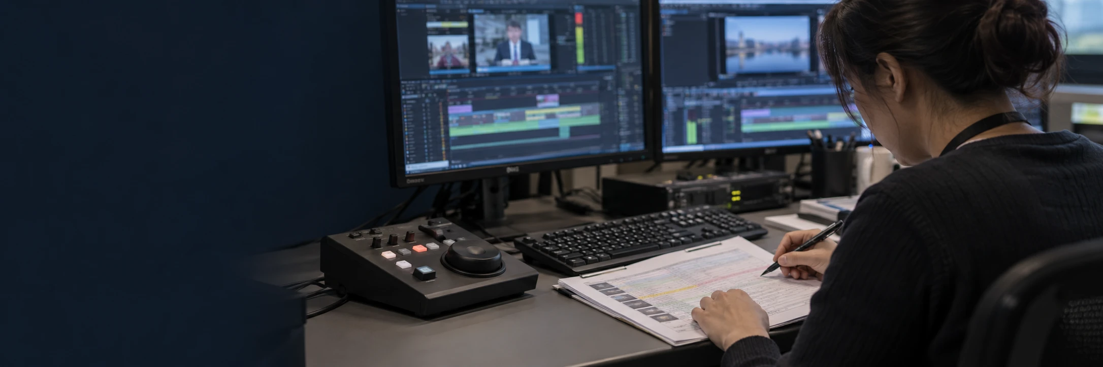 Broadcast operator reviewing program timing and screens.