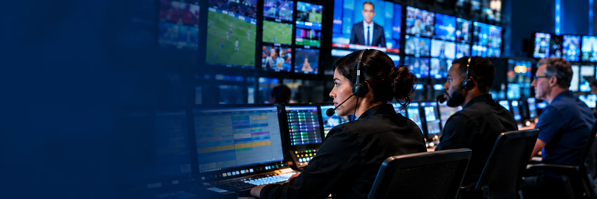 Broadcast professionals working together in a control room.