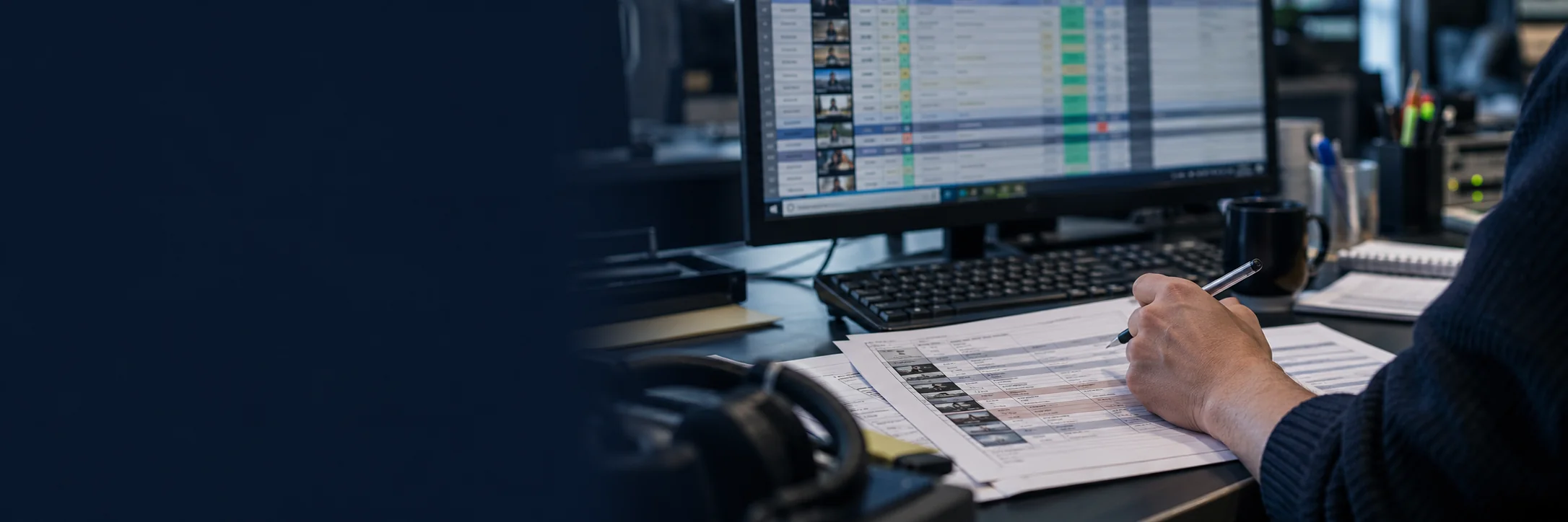 Broadcast operator reviewing a log beside a scheduling screen