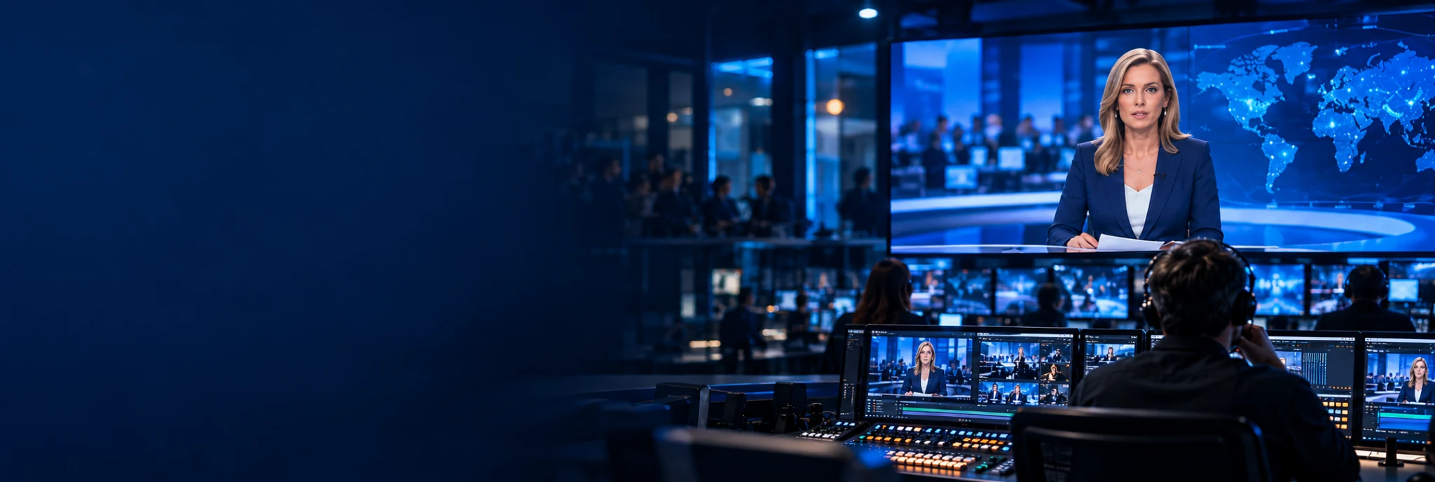 News studio and control room monitoring coverage.