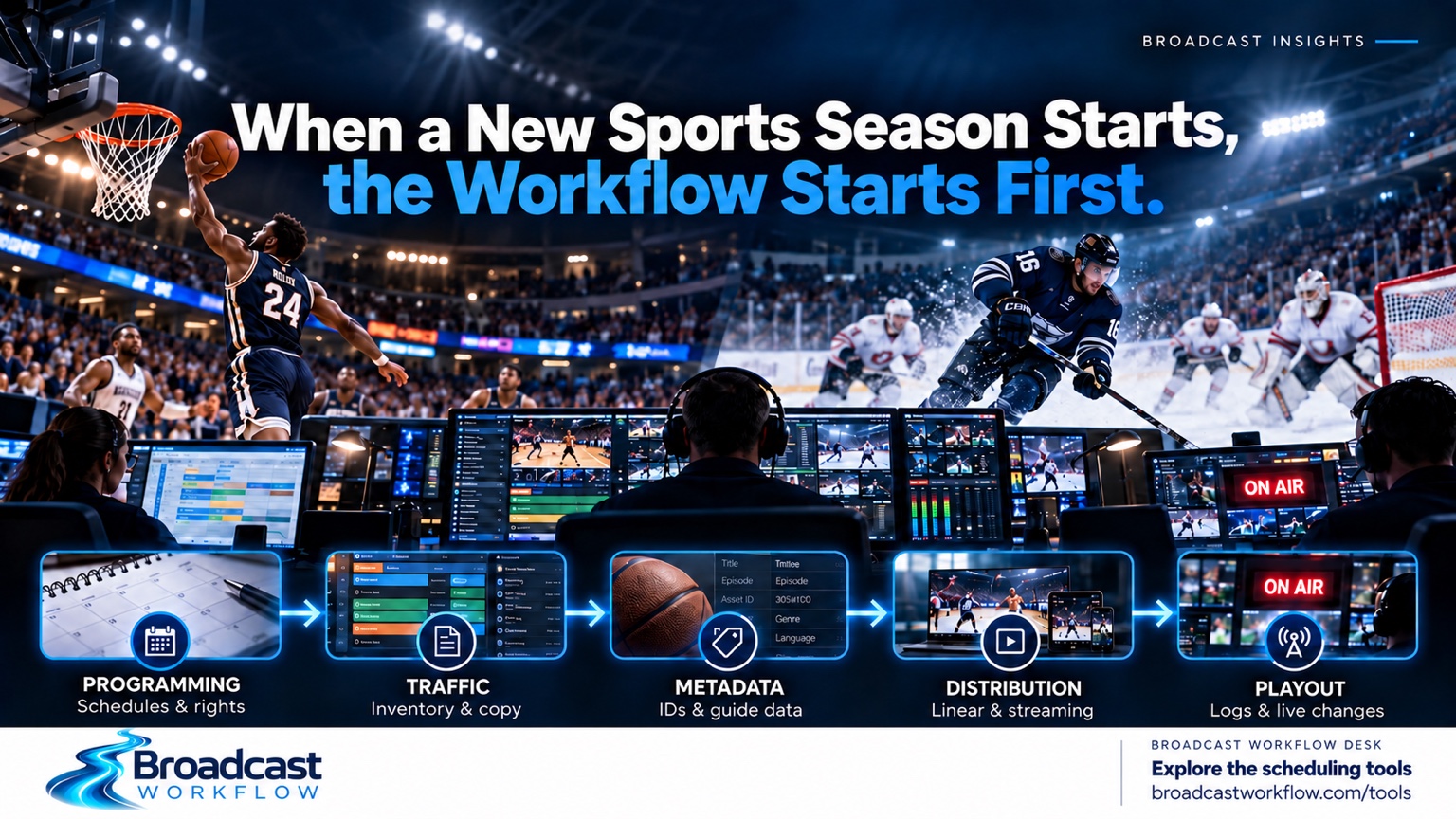 Basketball and hockey broadcasts above a control room, with the workflow from programming through traffic, metadata, distribution and playout.