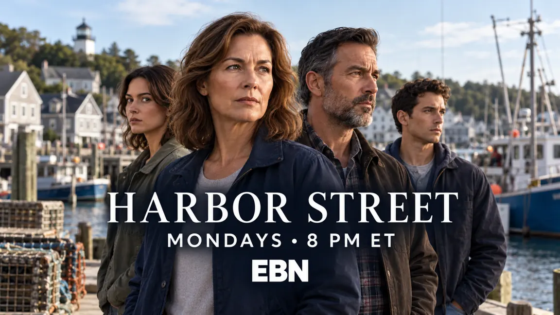 The fictional Harbor Street cast by the harbor